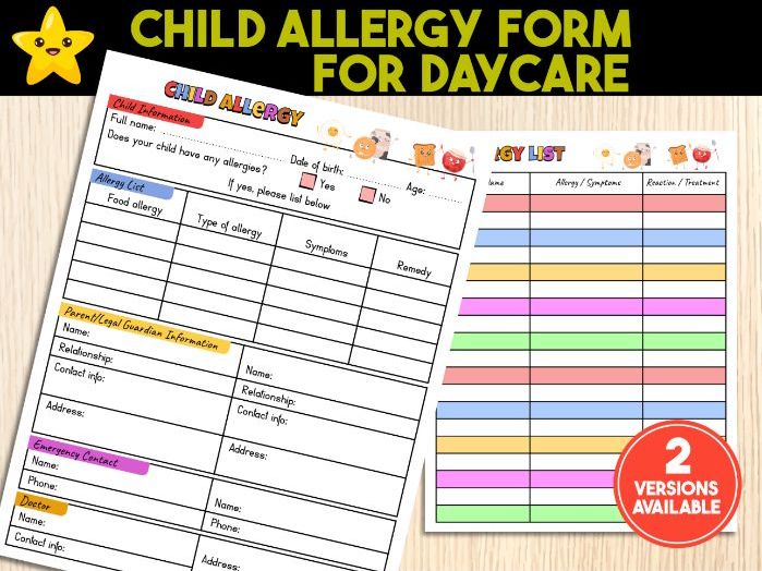 Child Allergy Form & Food Allergy List For For Daycare, Childcare & Preschool