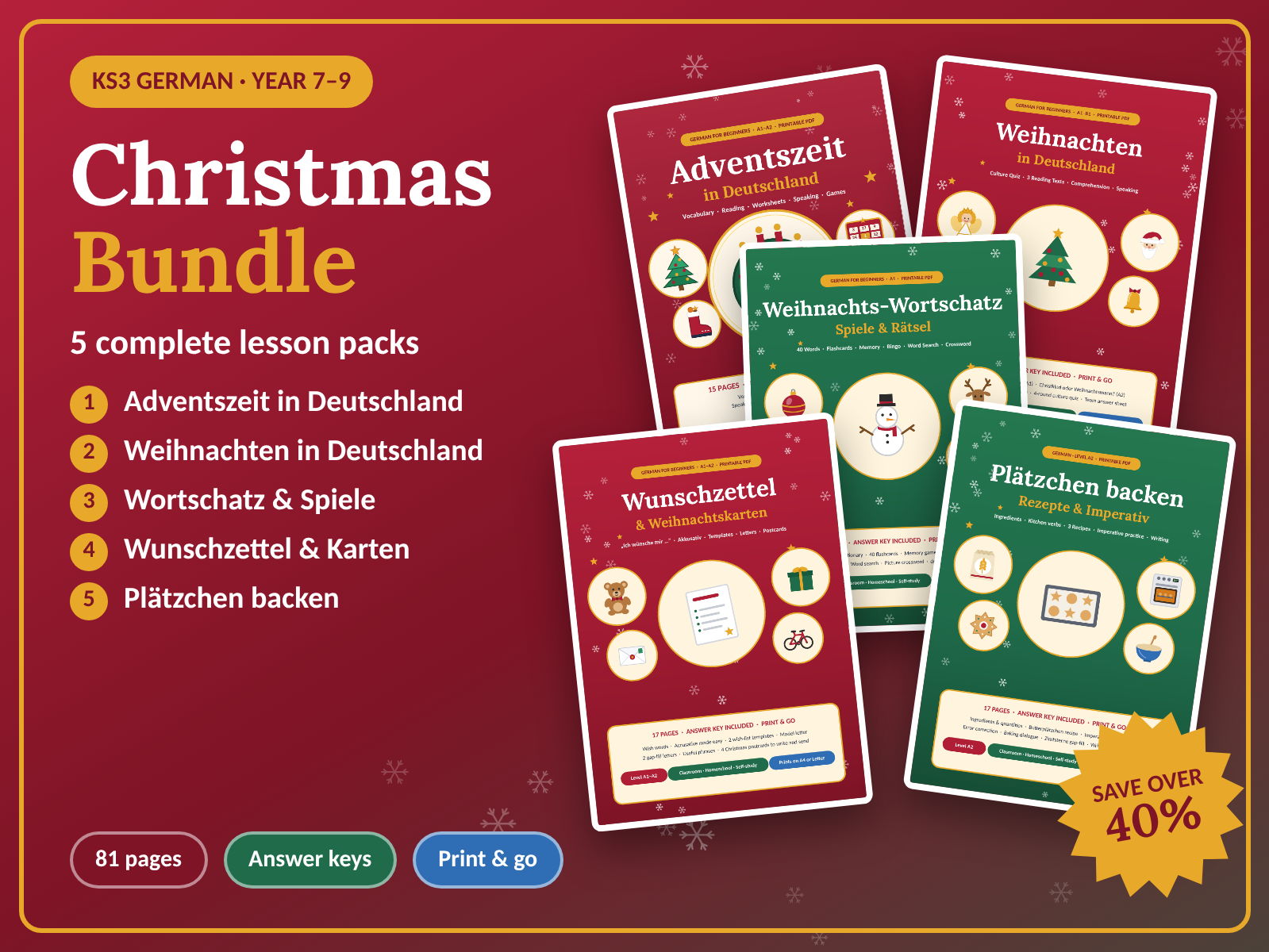 German Christmas Bundle KS3 | A1/A2: 5 Lesson Packs