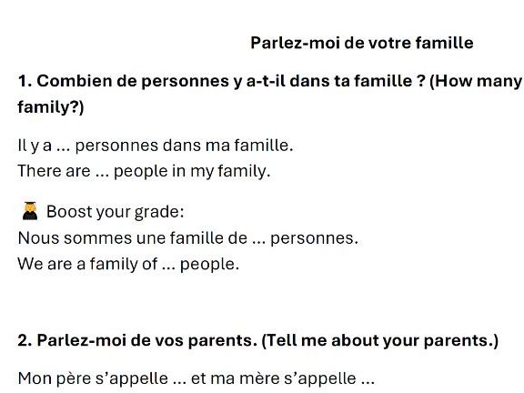 Ma famille - Ordinary Level Leaving Cert French Oral Scaffolding