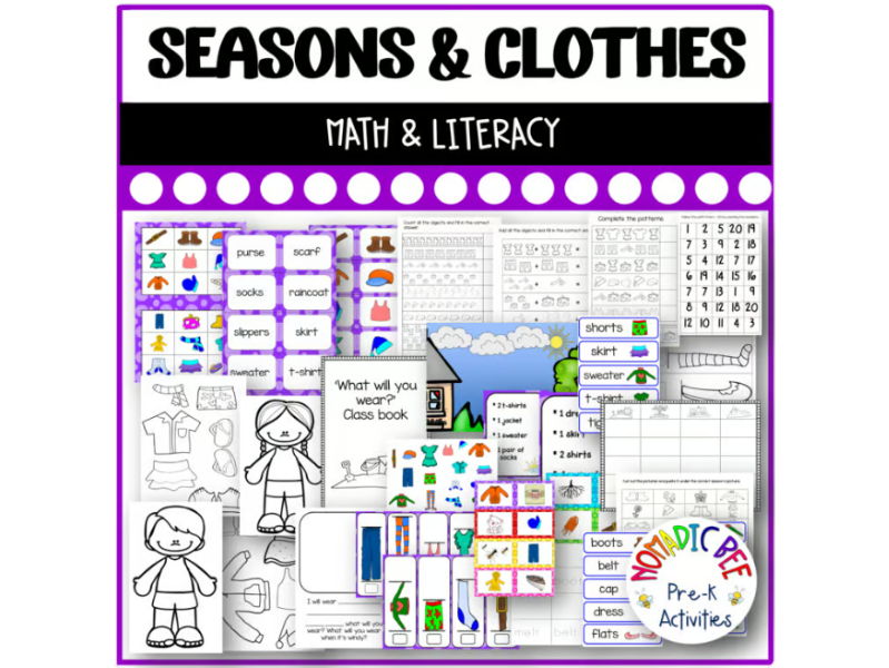 Seasons and Clothes Math and Literacy Printables, Worksheets and Class book