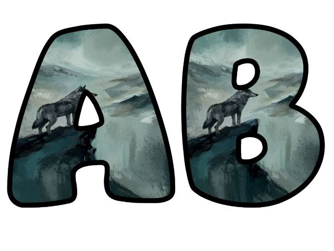 Wolf Rock Painting Nature Classroom Display Lettering Set | Upper & Lowercase Letters, 0-9 and Signs