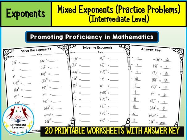 Solve the Exponents – Intermediate Level Practice Worksheets, Math Problems