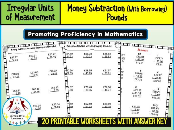 Money Subtraction with Borrowing | Pounds and Cents | Worksheets Practice Activity