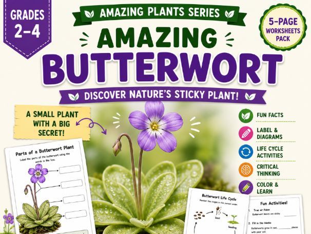 Amazing Butterwort | Carnivorous Plant Worksheets | 5-Page Activity Grade 2-5