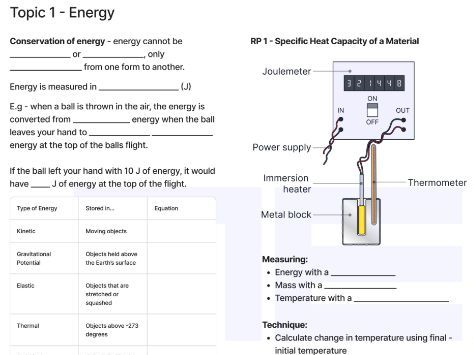 AQA GCSE Physics Topic 1: Energy Summary Sheet
