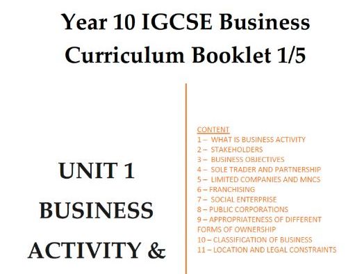 Unit 1 IGCSE Business Curriculum Booklet (Edexcel)