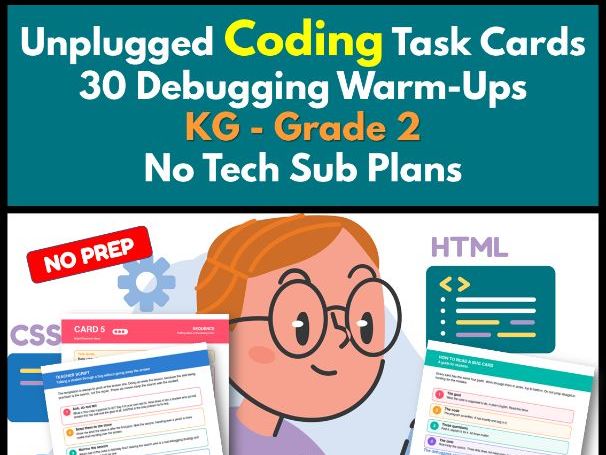 Unplugged Coding Task Cards | 30 Debugging WarmUps K-2 | No Tech Sub Plans