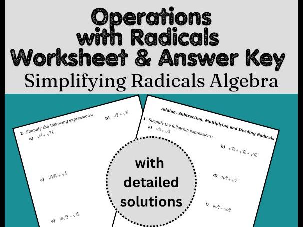 Operations with Radicals Worksheet & Answer Key | Simplifying Radicals Algebra