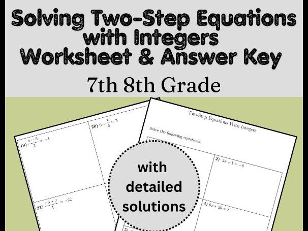 Solving Two-Step Equations with Integers Worksheet & Answer Key | 7th 8th Grade