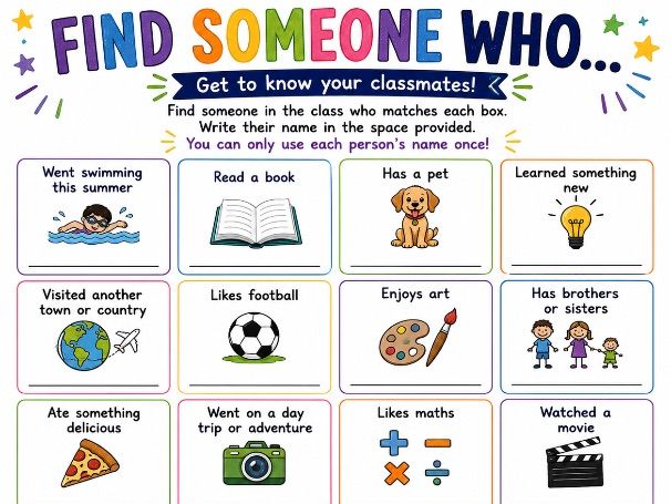 Find Someone Who… Back to School Icebreaker | KS2 First Week Activity | Printable Classroom Game