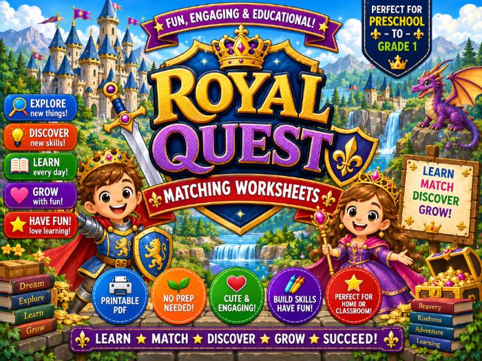Royal Quest Matching Worksheets | Princess Castle Activities | Preschool–1st Grade