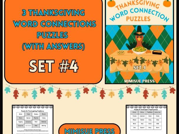 3 Thanksgiving Word Connections Puzzles SET 4 (Holiday/Party Game)