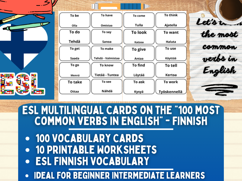 ESL Multilingual Vocabulary Flashcards - 100 most common verbs - Finnish