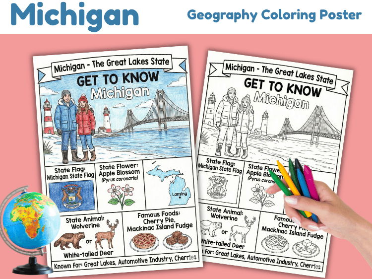 Michigan Geography Coloring Poster | State Facts & Map Activity