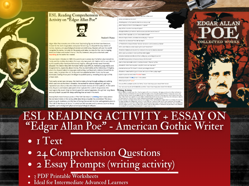 ESL Reading Comprehension + Writing Activity - Edgar Allan Poe - Gothic Writer