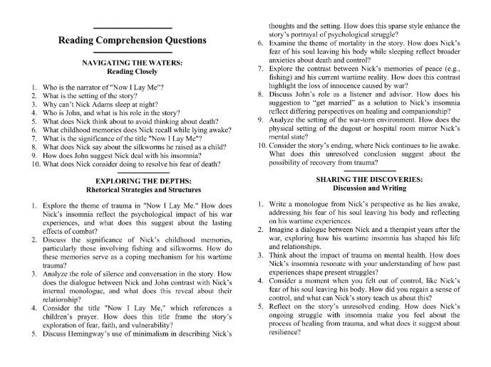 Now I Lay Me by Ernest Hemingway with Reading Comprehension Questions