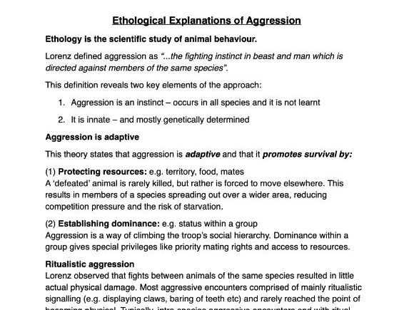 Ethological explanation of aggression - worksheets