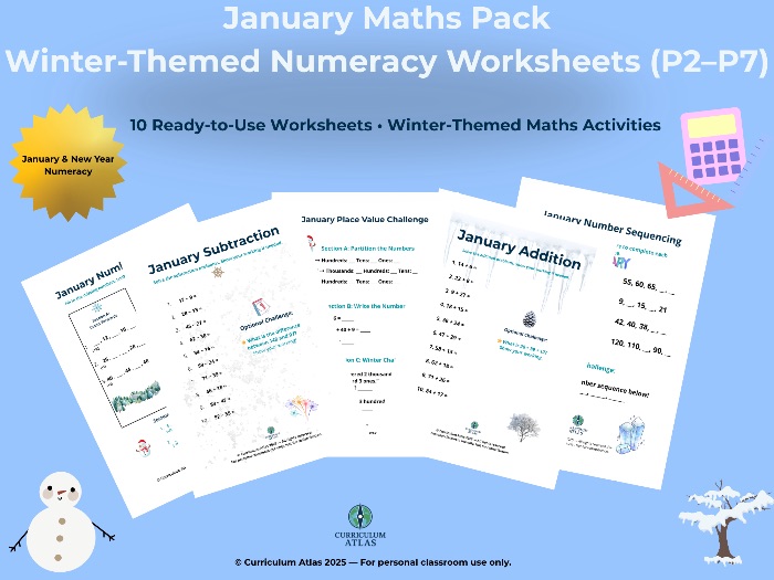 January Maths Pack | Winter Numeracy Worksheets (P2–P7)