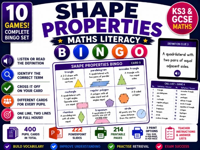 Shape Properties Maths Literacy Bingo | KS3 & GCSE Geometry Vocabulary | 10 Games