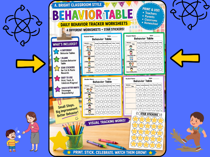Behavior Table Printable Pack for Kids Classroom Behavior Chart Daily Reward Tracker Worksheet Set
