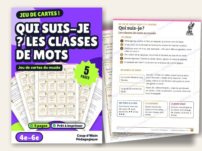 French Parts of Speech Card Game Grade 4-6 Museum Theme | Qui suis-je ?