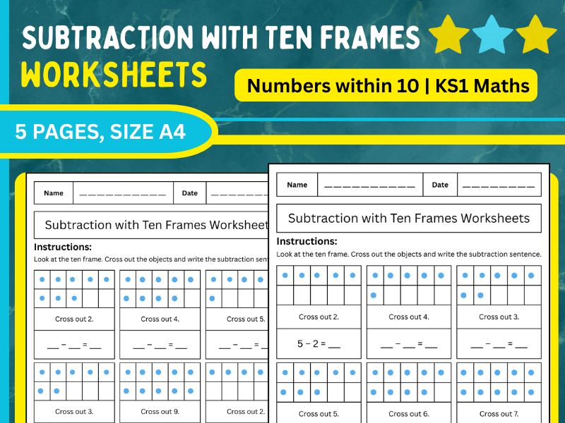 Subtraction with Ten Frames Worksheets | Numbers within 10 | KS1 Maths