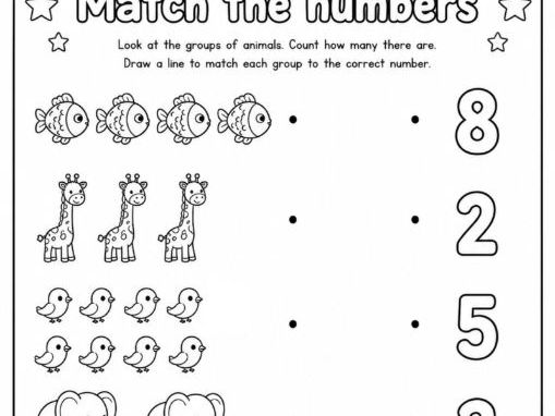 KS1 Maths Number Matching Animals Colouring Worksheet