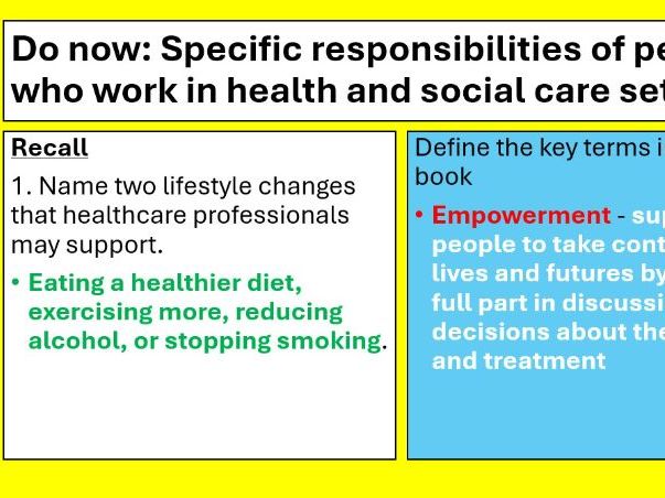 BTEC National Health and Social Care Level 3, Unit 2 Working in Health and Social CareLESSON9