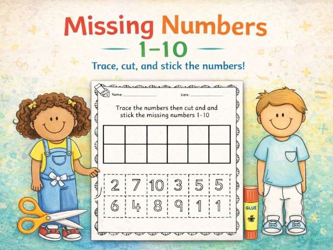 Ordering numbers 1-10 trace cut and stick - Reception, Year 1 worksheet