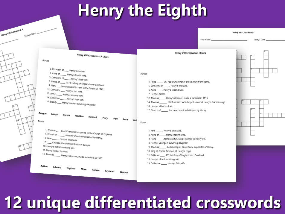 Henry VIII 12 unique crosswords, differentiated Teaching Resources