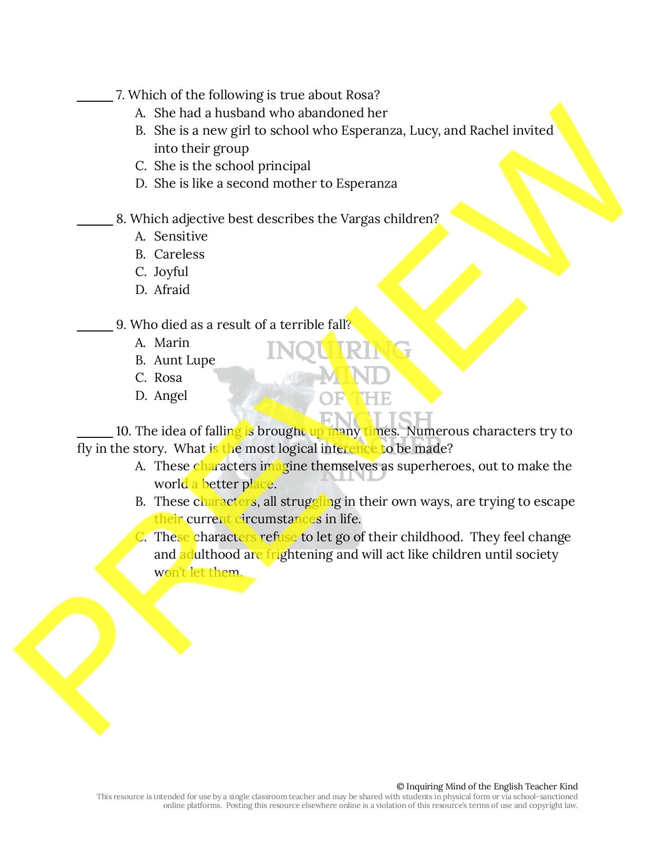 House on Mango Street Quiz on 1013 Teaching Resources