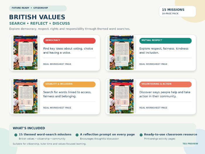 British Values and Citizenship Word Search Pack | 15 Personal Development Activities