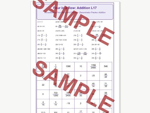 Addition L17 Four in a Row | Mixed addition and Fractions