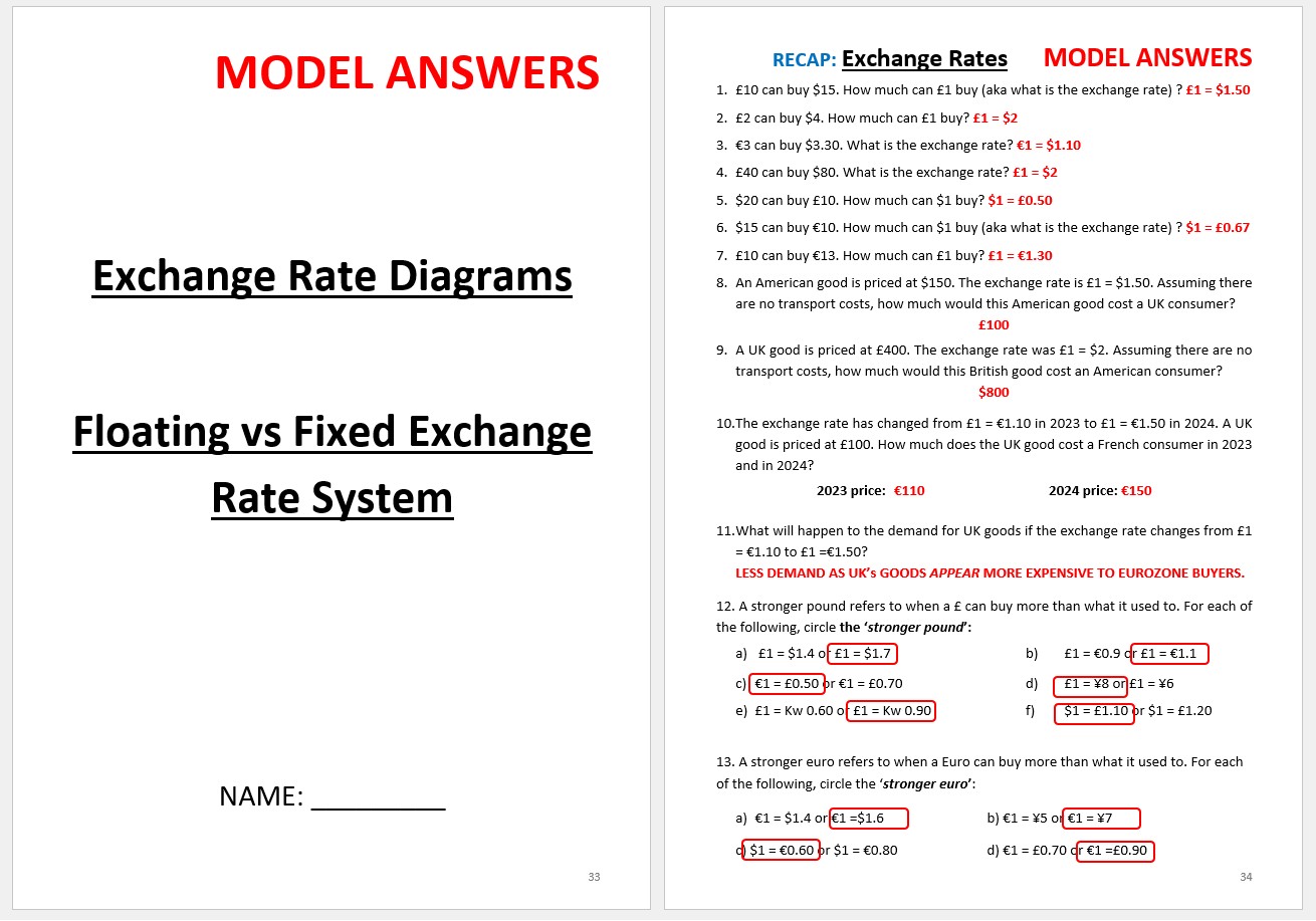 Exchange Rates Lesson Tes Exchange Rates Booklet (AQA Economics A-Level), Fixed vs Free Floating ...