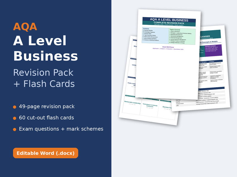 AQA A Level Business Revision Pack + 60 Printable Flash Cards
