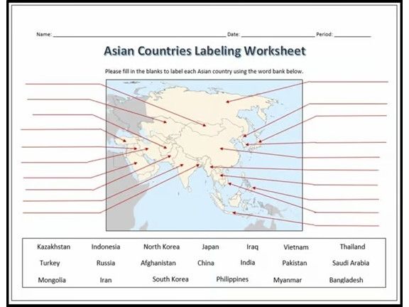 Asian Countries Labeling Worksheet - Geography