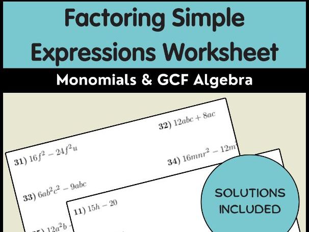 Factoring Simple Expressions Worksheet | Monomials & GCF Algebra