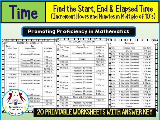 Find the Start, End & Elapsed Time Worksheets (Increments of Hours and Minutes in Multiple of tens