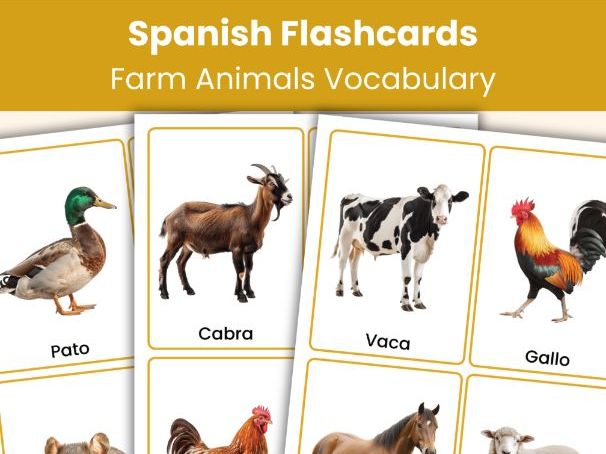 Spanish Farm Animals Flashcards | 24 Printable Vocabulary Cards
