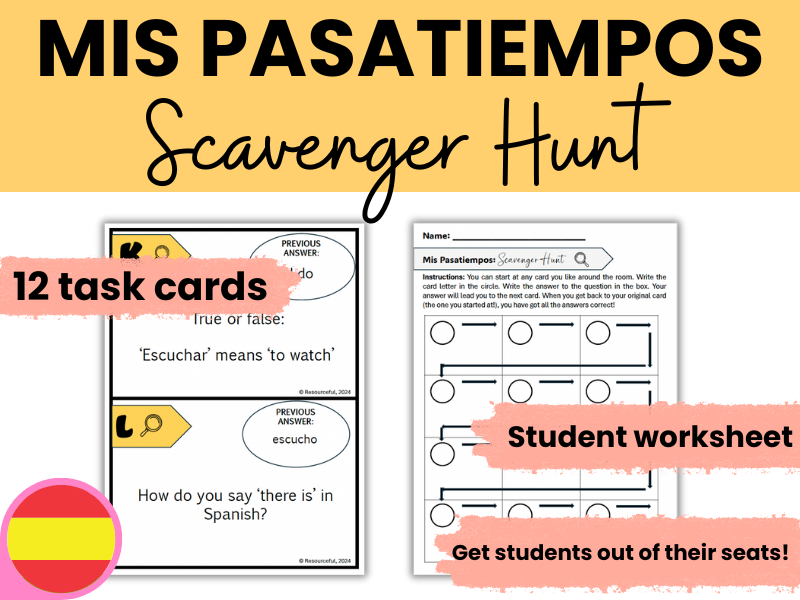 Spanish Free Time Pasatiempos Scavenger Hunt Classroom Activity