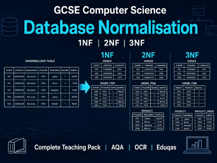 Database Normalisation (1NF, 2NF, 3NF) — Complete GCSE Computer Science Teaching Pack (AQA | OCR | E
