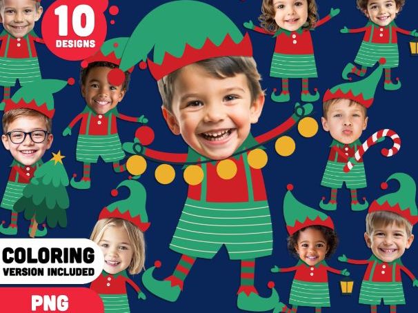 Christmas Elf Templates, Elf Photo Craft, Printable PDF + PNG, Coloring Version Included