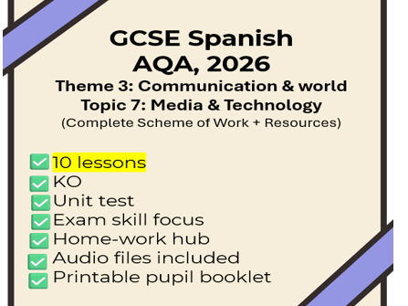 AQA 2026 GCSE Spanish: Unit 7 Media & Technology NEW SPEC (10 lessons/full SOW + extras)