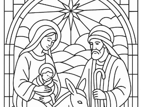 Mary, Joseph and Donkey stained glass Christmas Nativity Colouring Page Advent