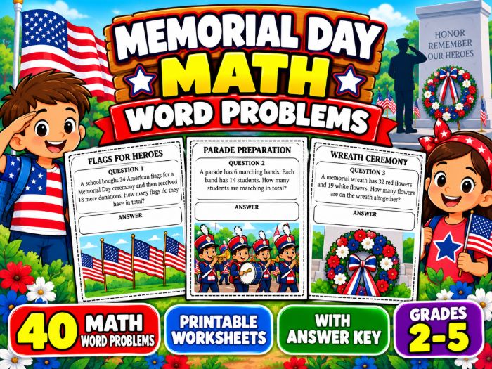 Memorial Day Math Word Problems | 40 Printable Worksheets with Answer Key