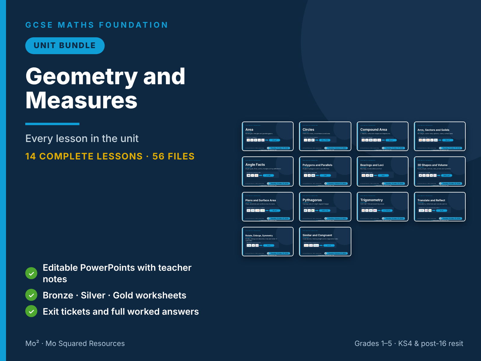 Geometry and Measures – 14 GCSE Maths Foundation Lessons (Unit Bundle) with Worksheets & Answers