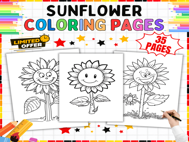 Sunflower Colouring Pages | 35 Happy Flower Printable Sheets - Spring Summer Art Activities