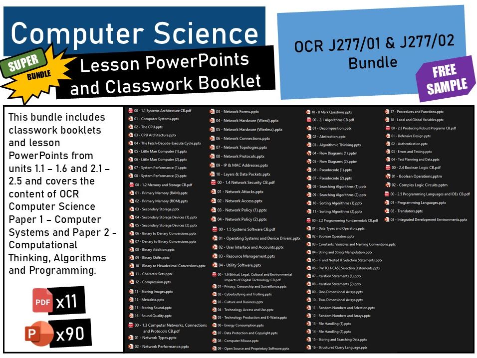 OCR GCSE Computer Science (J277/01 and J277/02) Lesson PowerPoints and Classwork Booklet BUNDLE