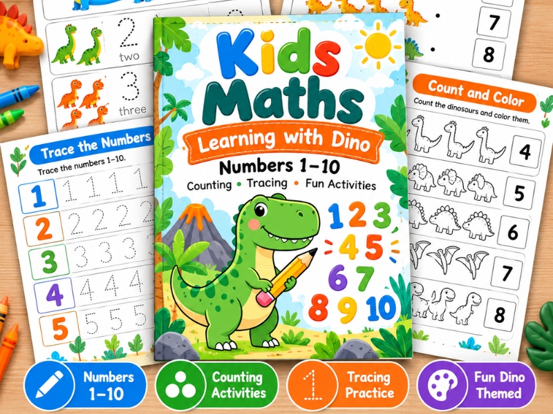 Dinosaur Math Worksheets & Number Tracing 1–10 | Preschool & Kindergarten Counting Workbook