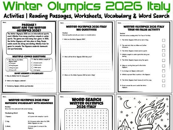 Winter Olympics 2026 Italy Activities | Reading Passages, Worksheets, Vocabulary & Word Search